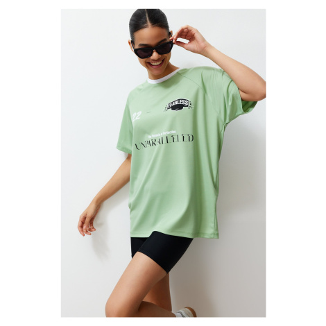 Trendyol Green Oversize Motto Printed Crew Neck Short Sleeve Knitted T-Shirt