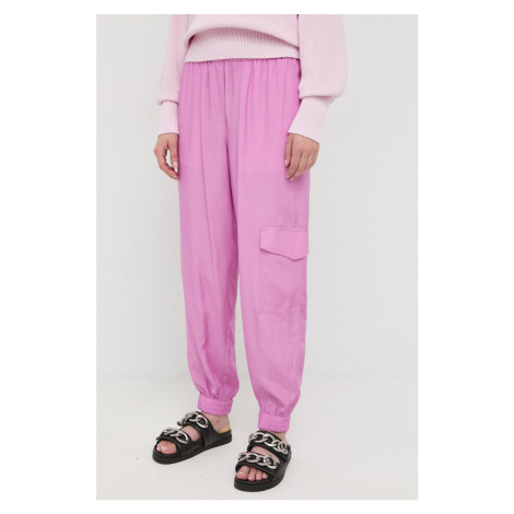 Kalhoty BOSS dámské, fialová barva, kapsáče, high waist Hugo Boss