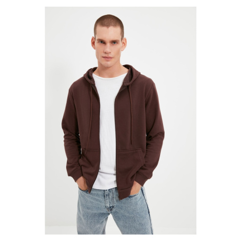 Trendyol Brown Basic Hooded Regular Fit Zippered Sweatshirt