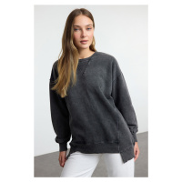 Trendyol Black Washed Hem Detailed Crew Neck Relaxed/Comfortable Fit Knitted Sweatshirt