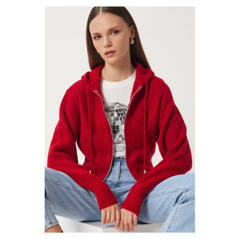 Happiness İstanbul Women's Red Hooded Zippered Knitwear Cardigan