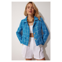 Happiness İstanbul Women's Blue Gold Buttoned Crop Tweed Jacket