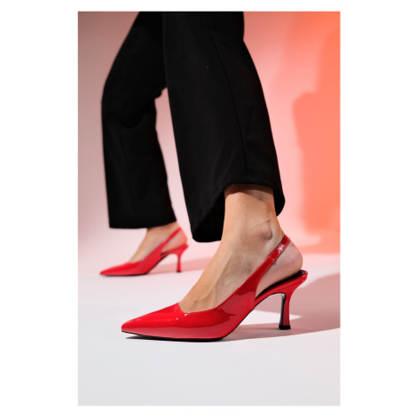 LuviShoes FLEM Red Patent Leather Women's Pointed Toe Open Back Thin Heel Shoes