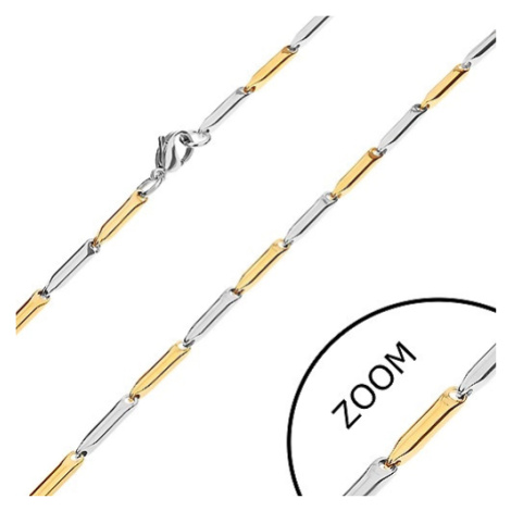 Ocelový řetízek, podlouhlé válečky zlaté a stříbrné barvy, 3 mm Šperky eshop