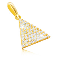 Zlatý 14K přívěsek - rovnoramenný trojúhelník, drobné kulaté zirkony, oválné očko
