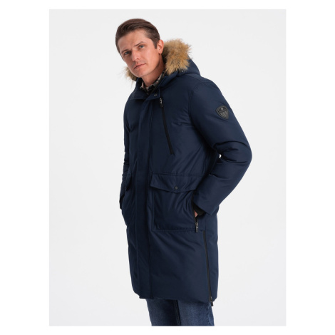 Ombre Alaskan men's winter jacket with detachable fur from the hood - navy blue