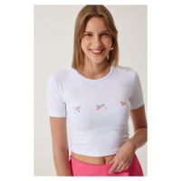 Happiness İstanbul Women's White Bow Detailed Crop T-Shirt