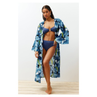 Trendyol Floral Patterned Belted Maxi Woven 100% Cotton Kimono & Kaftan