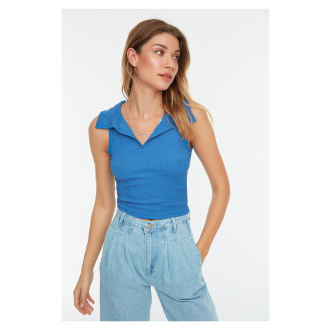 Trendyol Indigo Fitted Crop Polo Neck Crepe Knitted Blouse