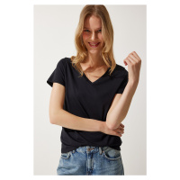 Happiness İstanbul Women's Black V Neck Basic Knitted T-Shirt