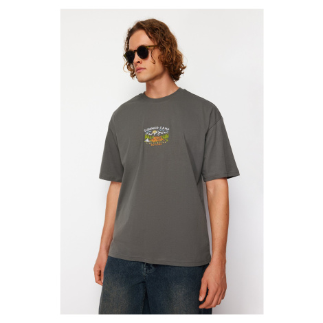 Trendyol Anthracite Oversize/Wide-Fit Short Sleeve Landscape Embroidery 100% Cotton T-Shirt