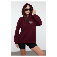 Trendyol Plum Slogan Printed Oversize/Wide Pattern Thick Inside Polar Fleece Knitted Sweatshirt