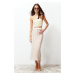 Trendyol Beige Waist Detailed Pencil Straight Cut Midi Length Woven Skirt