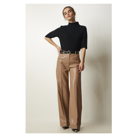 Happiness İstanbul Women's Biscuit Premium Pocket Faux Leather Trousers