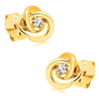 Diamantové náušnice ze žlutého zlata 585 - uzel ze tří prstenců, čirý briliant