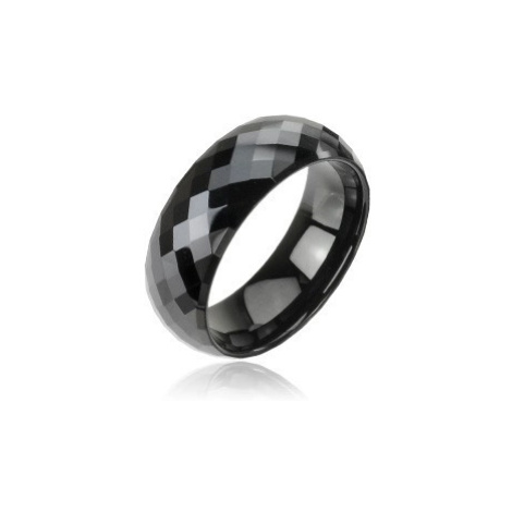Lesklý wolframový prsten v černém odstínu - vybroušené kosočtverce, 8 mm Šperky eshop