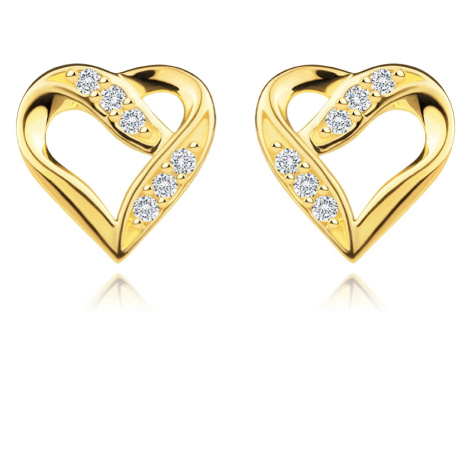 Náušnice ze žlutého 9K zlata - srdce s kroucenými rameny, kubické zirkony Šperky eshop