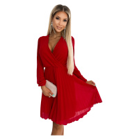 Plisované šaty s dlouhými rukávy a výstřihem Numoco ISABELLE - červené