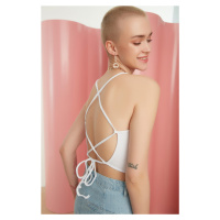 Trendyol White Back Tie Detailed Corded Crop Knitted Blouse