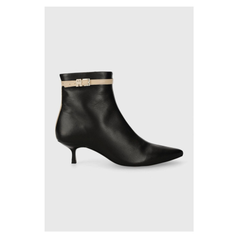 Kožené kotníkové boty Tommy Hilfiger LEATHER POINTED BOOT dámské, černá barva, na podpatku, FW0F