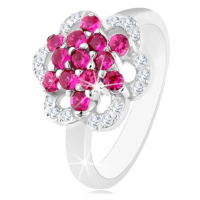 Blýskavý prsten, stříbro 925, lesklá ramena, květ z růžových a čirých zirkonů