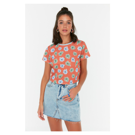 Trendyol Tile Printed Piping Detail Crop Knitted T-Shirt