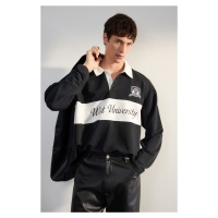 Trendyol Black Premium Oversize/Wide Cut Embroidery and Print Detailed Polo Neck Sweatshirt