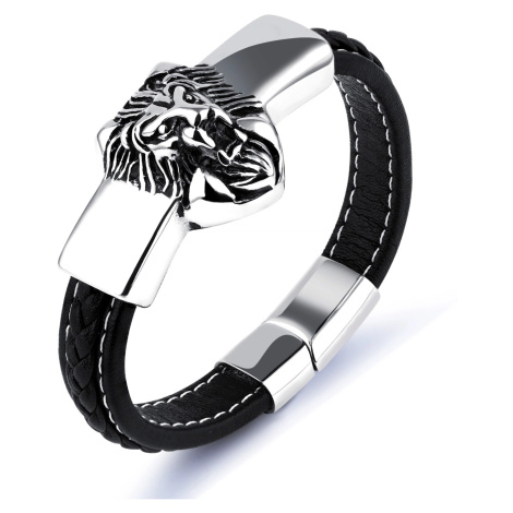 Černý náramek ze syntetické kůže, známka stříbrné barvy se lvem Šperky eshop