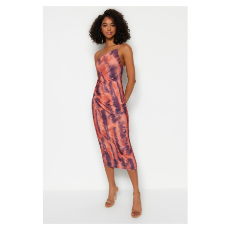 Trendyol Printed Fitted Midi One Shoulder Stretchy Knitted Pencil Dress