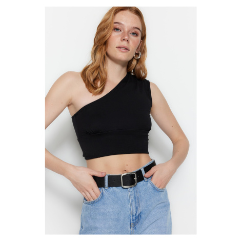 Trendyol Black One-Shoulder Fitted/Sleeping Crop Stretch Knit Blouse