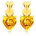 Zlaté náušnice 375 - tři spojená srdíčka - hladké a citrínové, puzetky