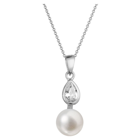Evolution Group Zlatý 14 karátový náhrdelník bílé zlato s bílou říční perlou a zirkony 82PZ00048
