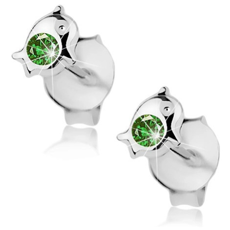 Stříbrné 925 náušnice, delfínek zdobený zeleným krystalem Swarovski Šperky eshop
