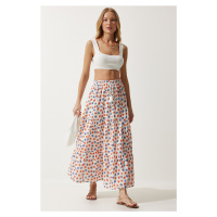 Happiness İstanbul Women's Ecru Orange Floral Pattern Flounce Summer Linen Skirt