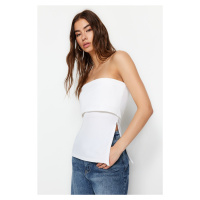 Trendyol White Crepe Knitted Blouse with a Strapless Collar and Zipper on the Side