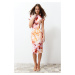 Trendyol Multi Color Printed Fitted/Sleeping Short Sleeve High Neck Flexible Knitted Midi Dress