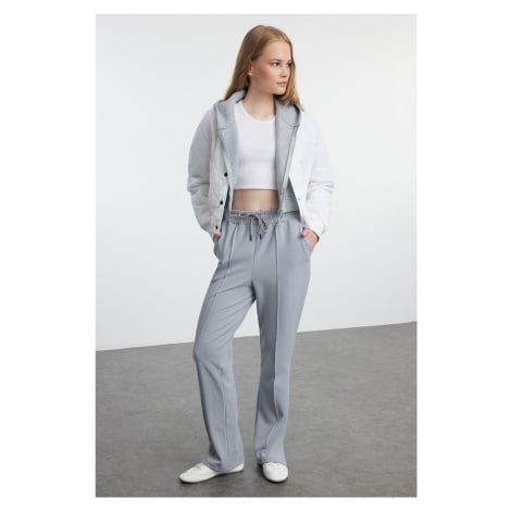 Trendyol Gray Ribbed Elastic Waist Straight Cut Trousers