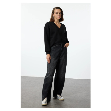 Trendyol Black Couple Basic Regular/Normal Pattern V-neck Thick Polar Fleece Knitted Sweatshirt