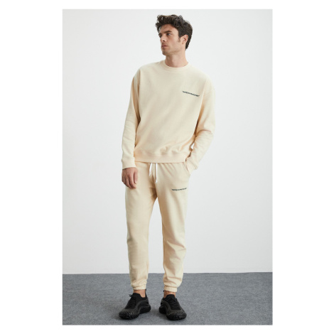 GRIMELANGE Marshall Men's Cotton Fleece Inside Embroidered Relaxed Vanilla Tracksuit Se