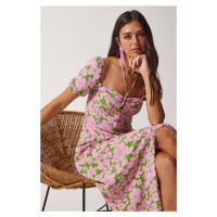 Happiness İstanbul Women's Pink Green Floral Slit Summer Viscose Dress