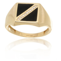 Luxusní prsten ze žlutého zlata s onyxem a zirkony PP014F + DÁREK ZDARMA