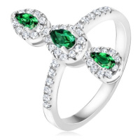 Prsten ze stříbra 925, tři zelené slzičkovité kamínky, zirkonový lem