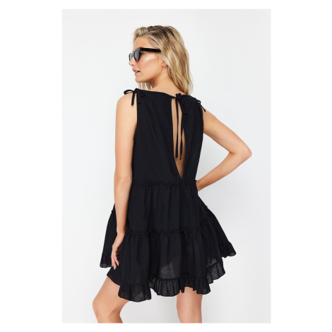 Trendyol Black Wide Fit Mini Woven Ruffle 100% Cotton Beach Dress