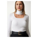 Happiness İstanbul Women's White Cut Out Detailed Turtleneck Corded Knitted Blouse