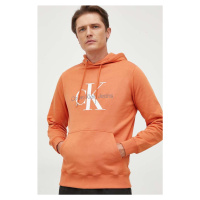 Bavlněná mikina Calvin Klein Jeans pánská, oranžová barva, s kapucí, s potiskem, J30J320805
