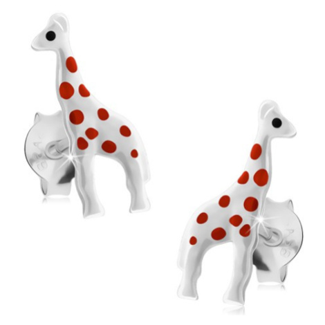 Stříbrné náušnice 925, lesklá bílá žirafa s červenými tečkami, puzetky Šperky eshop