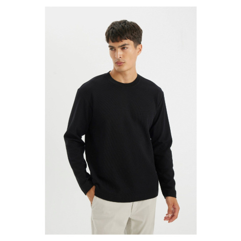 DEFACTO Men's Black Regular Fit Regular Cut Crew Neck Waffle Long Sleeve T-Shirt