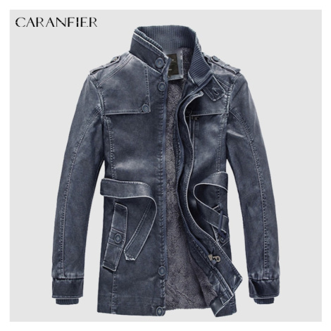 Pánský kožený kabát retro styl s páskem - MODRÝ CARANFLER