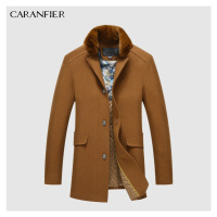 Vlněný pánský kabát podzimní s plyšovým límcem - HNĚDÝ