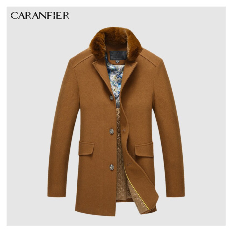 Vlněný pánský kabát podzimní s plyšovým límcem - HNĚDÝ CARANFLER
